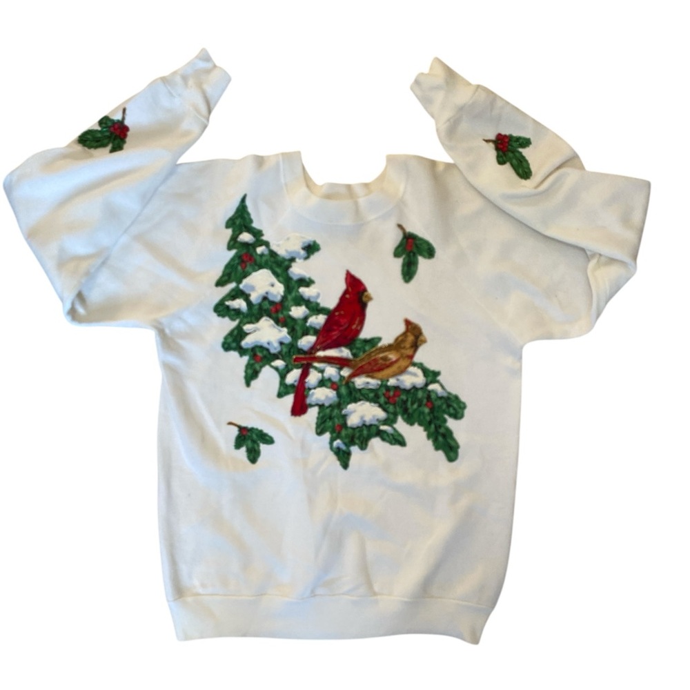Vintage Grandma Sweater Womens L White w/Cardinal & Christmas Tree 90’s Winter